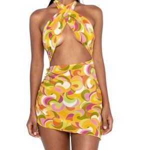 SOMMER SWIM CAMILLE ALLEGRIA Silk Mod Retro 70s HALTER CoverUp Dress Size S NWOT